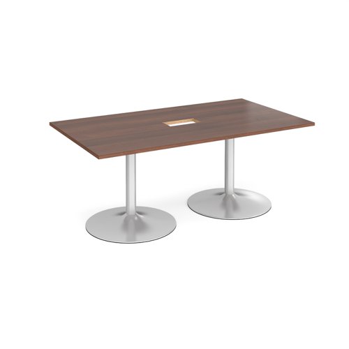 Trumpet base rectangular boardroom table 1800mm x 1000mm with central cutout 272mm x 132mm - silver base, walnut top