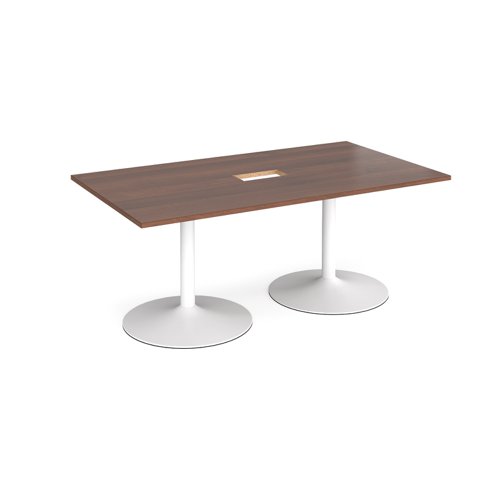 Trumpet base rectangular boardroom table 1800mm x 1000mm with central cutout 272mm x 132mm - white base, walnut top