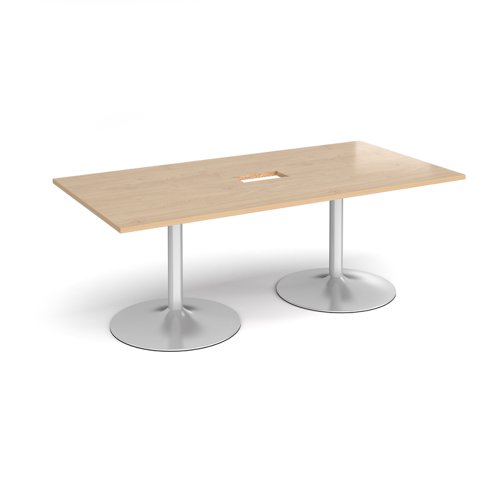 Trumpet base rectangular boardroom table 2000mm x 1000mm with central cutout 272mm x 132mm - silver base, kendal oak top