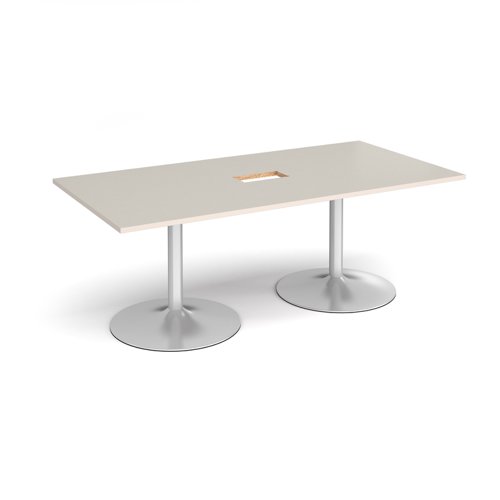 Trumpet base rectangular boardroom table 2000mm x 1000mm with central cutout 272mm x 132mm - silver base, light grey top