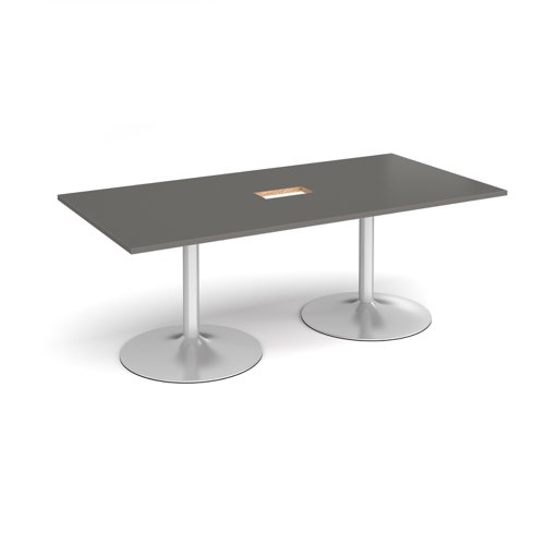 Trumpet base rectangular boardroom table 2000mm x 1000mm with central cutout 272mm x 132mm - silver base, onyx grey top