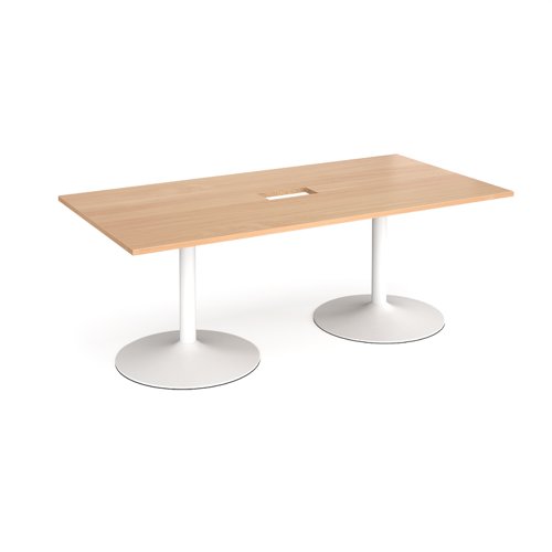 Trumpet base rectangular boardroom table 2000mm x 1000mm with central cutout 272mm x 132mm - white base, beech top