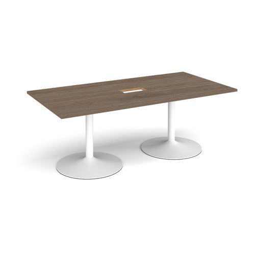 Trumpet base rectangular boardroom table 2000mm x 1000mm with central cutout 272mm x 132mm - white base, Barcelona walnut top