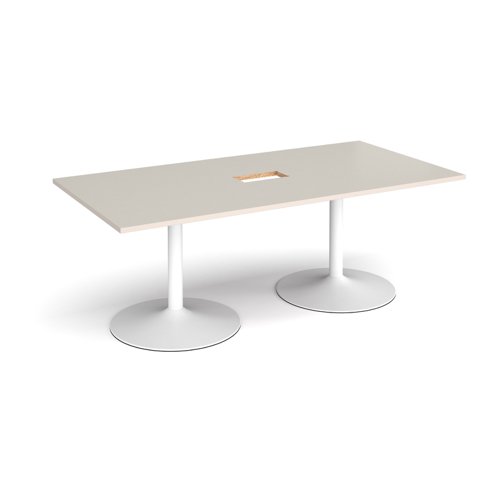 Trumpet base rectangular boardroom table 2000mm x 1000mm with central cutout 272mm x 132mm - white base, light grey top