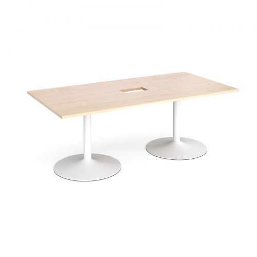 Trumpet base rectangular boardroom table 2000mm x 1000mm with central cutout 272mm x 132mm - white base and maple top
