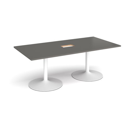 Trumpet base rectangular boardroom table 2000mm x 1000mm with central cutout 272mm x 132mm - white base, onyx grey top