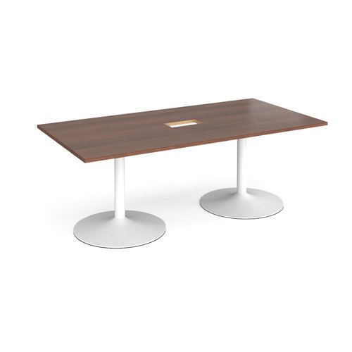 Trumpet base rectangular boardroom table 2000mm x 1000mm with central cutout 272mm x 132mm - white base, walnut top
