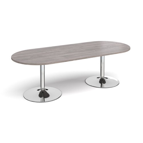 Trumpet base radial end boardroom table 2400mm x 1000mm - chrome base, grey oak top Dams International