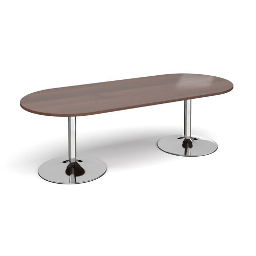 Trumpet base radial end boardroom table 2400mm x 1000mm - chrome base, walnut top (Made-to-order 4 - 6 week lead time)