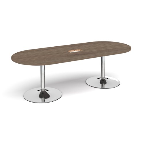 Trumpet base radial end boardroom table 2400mm x 1000mm with central cutout 272mm x 132mm - chrome base, Barcelona walnut top