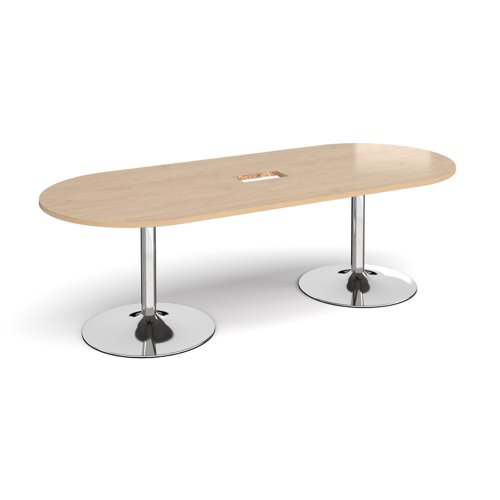 Trumpet base radial end boardroom table 2400mm x 1000mm with central cutout 272mm x 132mm - chrome base, kendal oak top