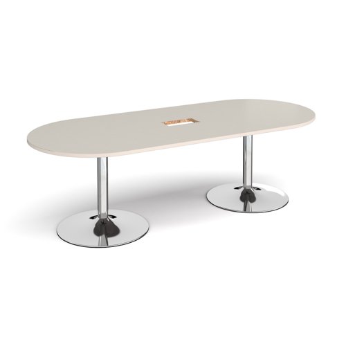 Trumpet base radial end boardroom table 2400mm x 1000mm with central cutout 272mm x 132mm - chrome base, light grey top