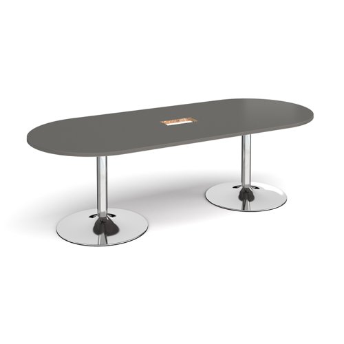 Trumpet base radial end boardroom table 2400mm x 1000mm with central cutout 272mm x 132mm - chrome base, onyx grey top