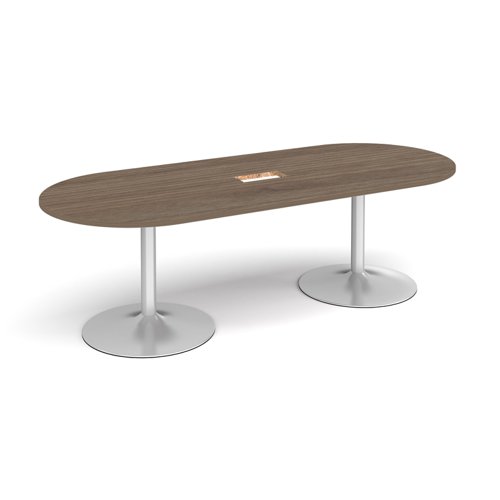 Trumpet base radial end boardroom table 2400mm x 1000mm with central cutout 272mm x 132mm - silver base, Barcelona walnut top
