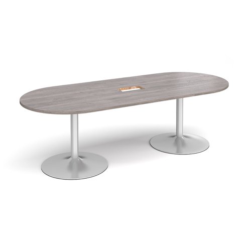 Trumpet base radial end boardroom table 2400mm x 1000mm with central cutout 272mm x 132mm - silver base, grey oak top