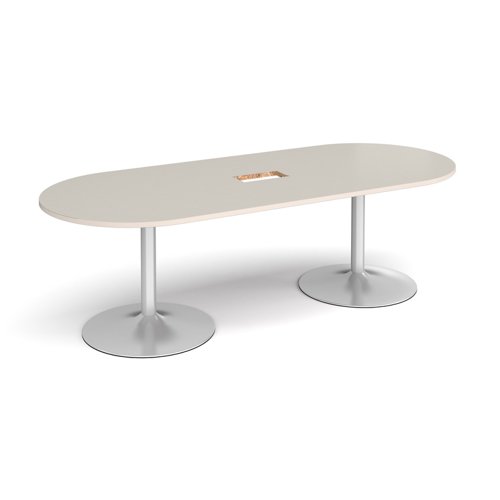 Trumpet base radial end boardroom table 2400mm x 1000mm with central cutout 272mm x 132mm - silver base, light grey top