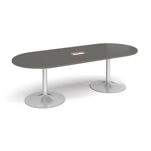 Trumpet base radial end boardroom table 2400mm x 1000mm with central cutout 272mm x 132mm - silver base, onyx grey top