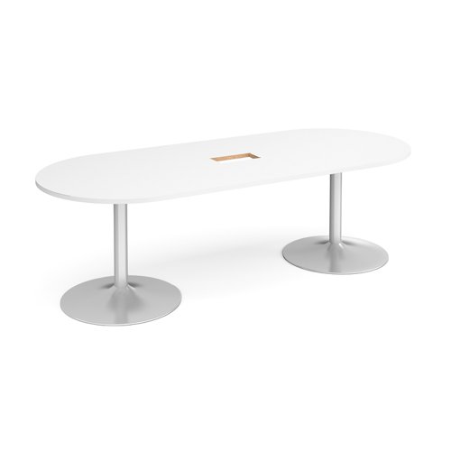 Trumpet base radial end boardroom table 2400mm x 1000mm with central cutout 272mm x 132mm - silver base, white top