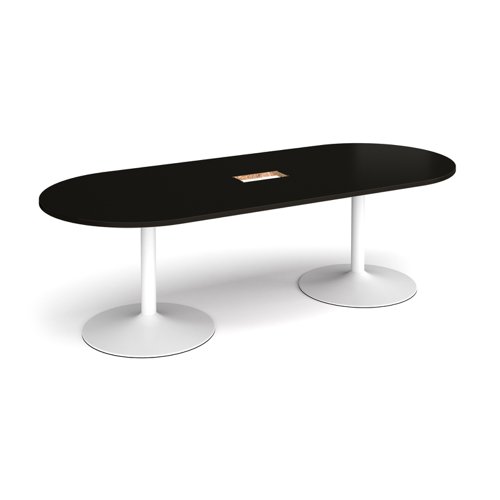 Trumpet base radial end boardroom table 2400mm x 1000mm with central cutout 272mm x 132mm - white base, black top