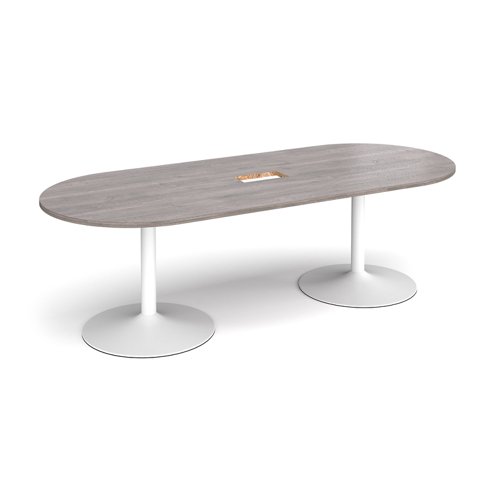Trumpet base radial end boardroom table 2400mm x 1000mm with central cutout 272mm x 132mm - white base, grey oak top