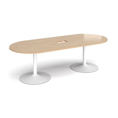 Trumpet base radial end boardroom table 2400mm x 1000mm with central cutout 272mm x 132mm - white base, kendal oak top