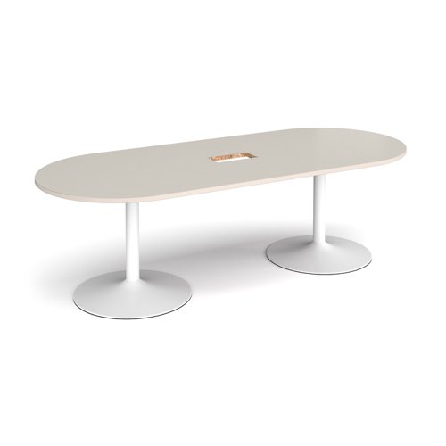 Trumpet base radial end boardroom table 2400mm x 1000mm with central cutout 272mm x 132mm - white base, light grey top