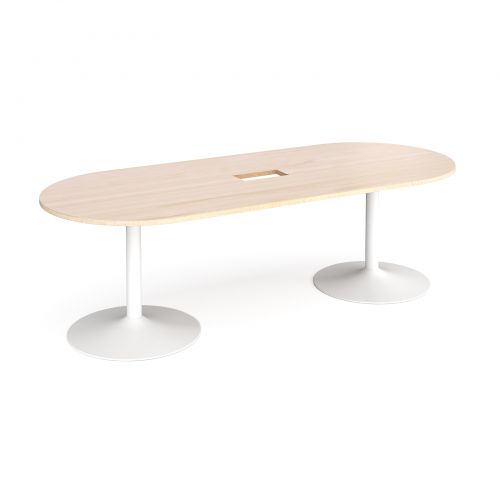 Trumpet base radial end boardroom table 2400mm x 1000mm with central cutout 272mm x 132mm - white base and maple top