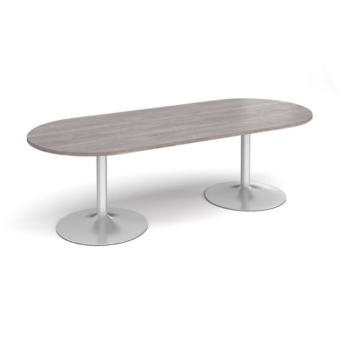Trumpet base radial end boardroom table 2400mm x 1000mm - silver base, grey oak top