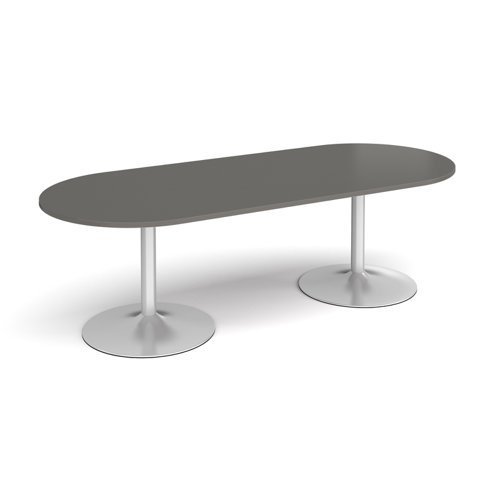 Trumpet base radial end boardroom table 2400mm x 1000mm - silver base, onyx grey top
