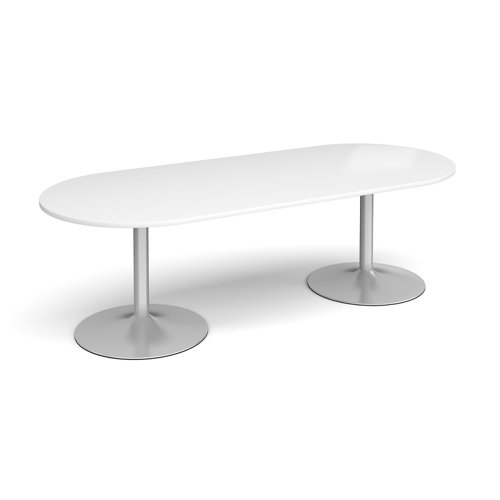 Trumpet base radial end boardroom table 2400mm x 1000mm - silver base and white top