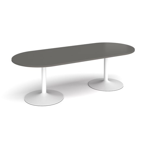 Trumpet base radial end boardroom table 2400mm x 1000mm - white base, onyx grey top