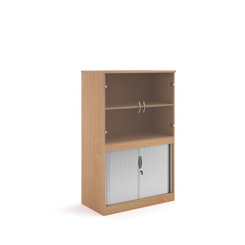 Systems combination unit with tambour doors and glass upper doors 1600mm high with 2 shelves - beech TG16B Buy online at Office 5Star or contact us Tel 01594 810081 for assistance