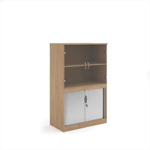Systems combination unit with tambour doors and glass upper doors 1600mm high with 2 shelves - Kendal Oak