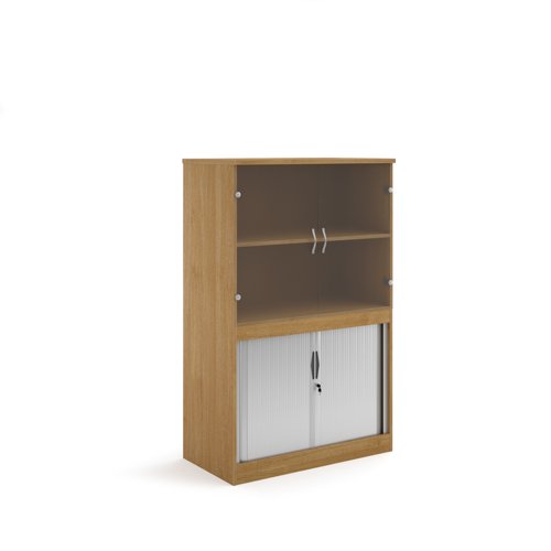 Systems combination unit with tambour doors and glass upper doors 1600mm high with 2 shelves - oak TG16O Buy online at Office 5Star or contact us Tel 01594 810081 for assistance