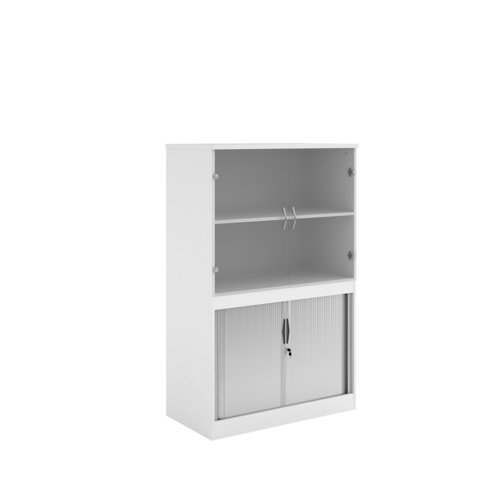 Systems combination unit with tambour doors and glass upper doors 1600mm high with 2 shelves - white