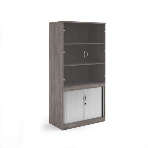 Systems combination unit with tambour doors and glass upper doors 2000mm high with 2 shelves - Grey Oak