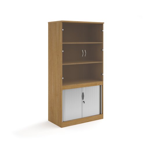 Systems combination unit with tambour doors and glass upper doors 2000mm high with 2 shelves - oak