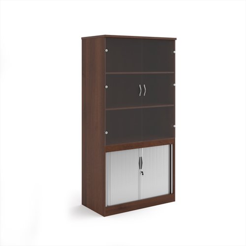 Systems combination unit with tambour doors and glass upper doors 2000mm high with 2 shelves - Walnut