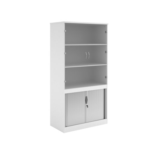 Systems combination unit with tambour doors and glass upper doors 2000mm high with 2 shelves - white