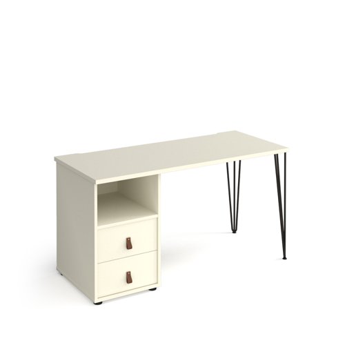 Tikal straight desk 1400mm x 600mm with hairpin leg and support pedestal with drawers - black legs, white finish with white drawers