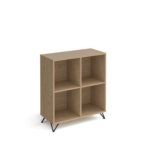 Tikal cube storage unit 950mm high with 4 open boxes and black hairpin legs - oak