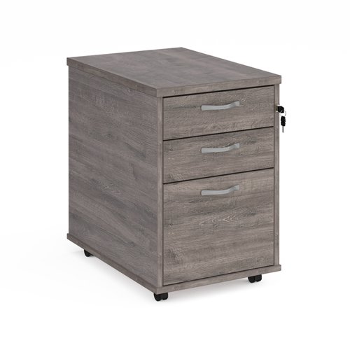 Tall mobile 3 drawer pedestal with silver handles 600mm deep - grey oak TMPGO Buy online at Office 5Star or contact us Tel 01594 810081 for assistance