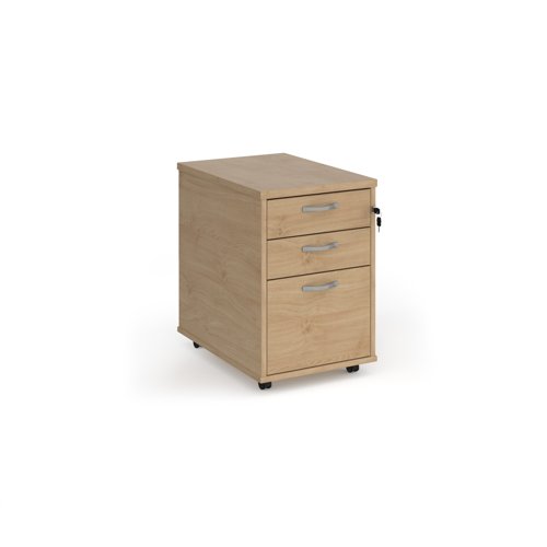 Tall mobile 3 drawer pedestal with silver handles 600mm deep - Kendal Oak