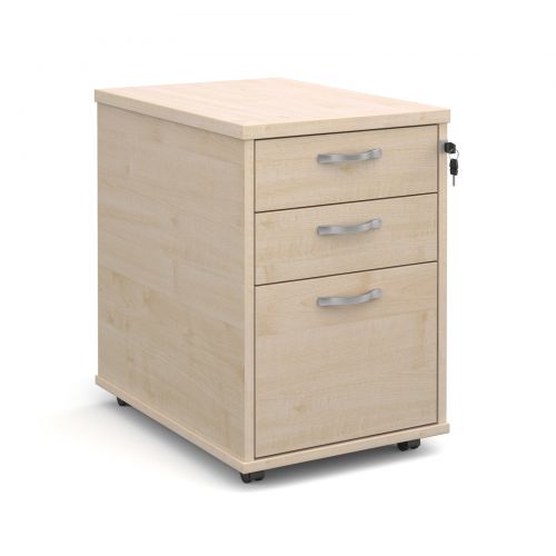 Tall mobile 3 drawer pedestal with silver handles 600mm deep - maple
