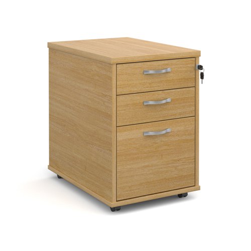 Tall mobile 3 drawer pedestal with silver handles 600mm deep - oak