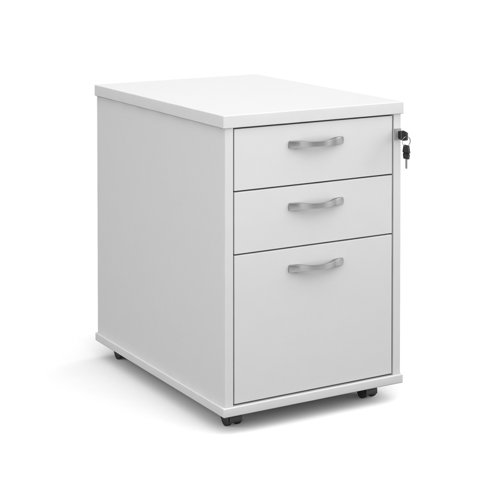 Tall mobile 3 drawer pedestal with silver handles 600mm deep - white | TMPWH | Dams International