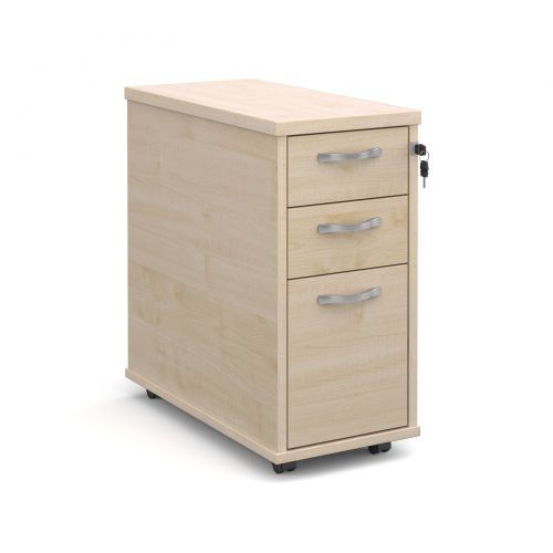Tall slimline mobile 3 drawer pedestal with silver handles 600mm deep - maple