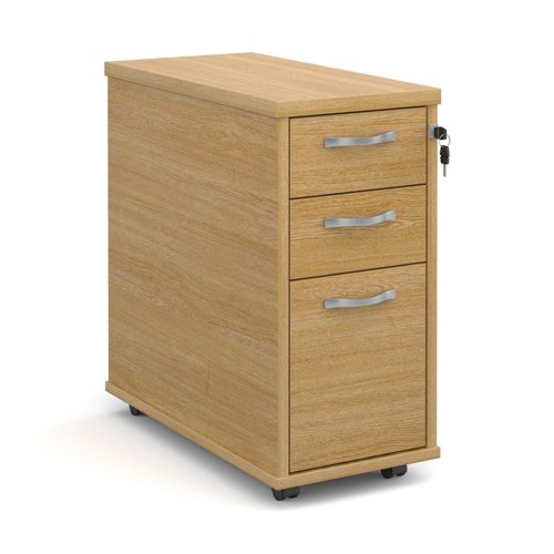 Tall slimline mobile 3 drawer pedestal with silver handles 600mm deep - oak TNMPO Buy online at Office 5Star or contact us Tel 01594 810081 for assistance