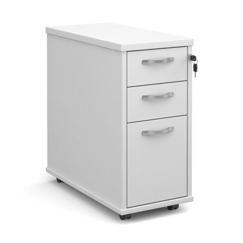 Tall slimline mobile 3 drawer pedestal with silver handles 600mm deep - white Pedestals TNMPWH