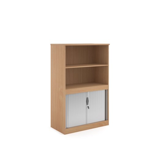 Systems combination unit with tambour doors and open top 1600mm high with 2 shelves - beech